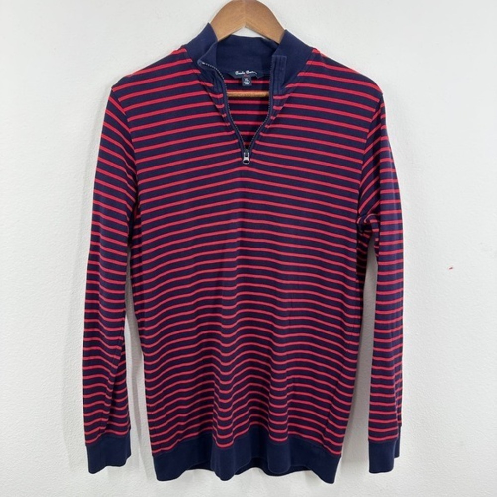 Brooks Brothers XL 1/4 Zip Pullover Long Sleeve Shirt Red Navy Striped Classic